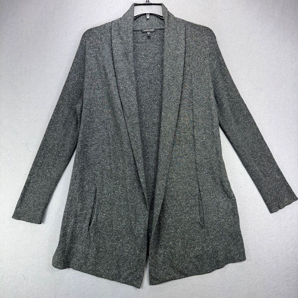 Eileen Fisher Sweater Women’s L Gray/Black 100% Silk Open Front Cardigan Classic